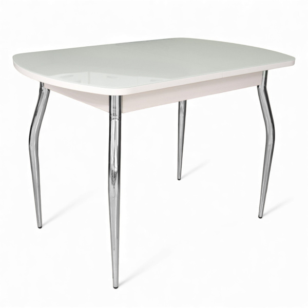 Стол ПГ-01 СТ 1100(1420)*700, ЛДСП Белое, Стекло Белое/нога ГНУТАЯ хром 4