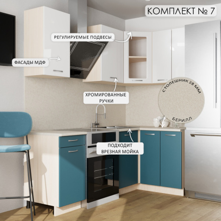 Кухонный гарнитур "Танго" белый/бирюза (столешик, без мойки)