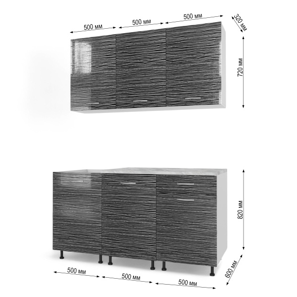 Кухня Комп.№2/1 Черный страйп 1,5 (со столеш,без мойки) + сушка + планка 